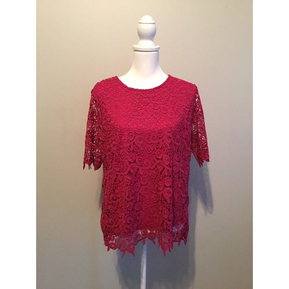 Philosophy Womens Pink short Sleeve Scalloped Crochet NWT Lace Sz L - Picture 8 of 9
